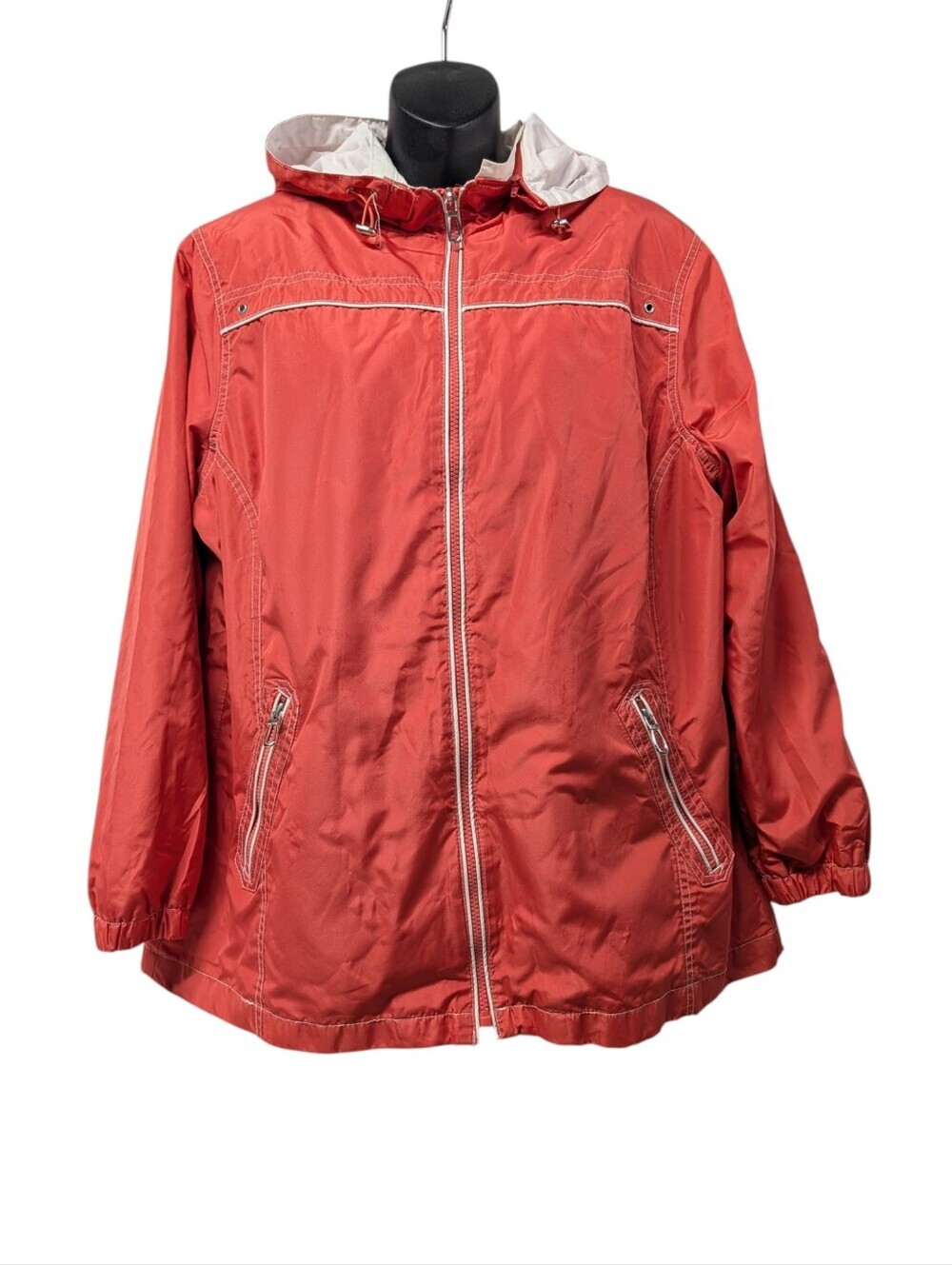 Studio Works Womens Plus Size 1X Hooded Jacket Zip Front Rain Shell Orange White